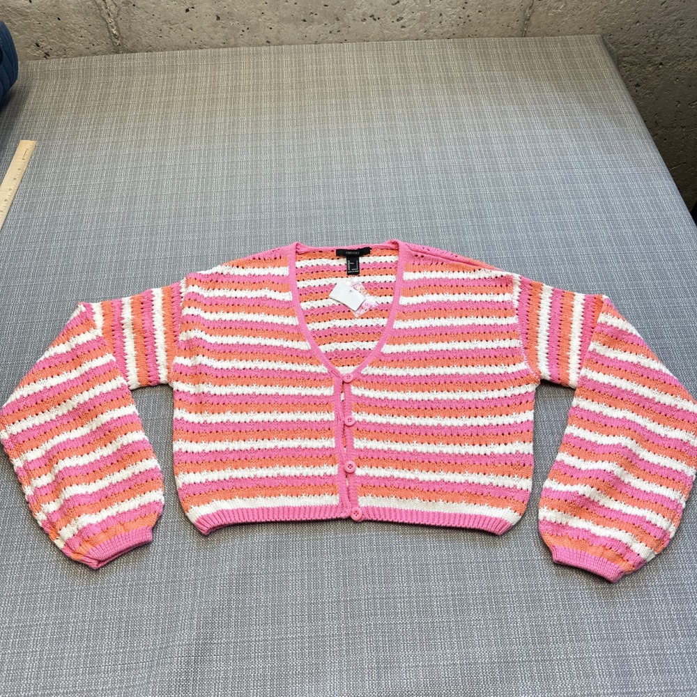 New Dopamine Coquette Crochet Cardigan Striped Cropped Pink Y2K Open Knit Preppy